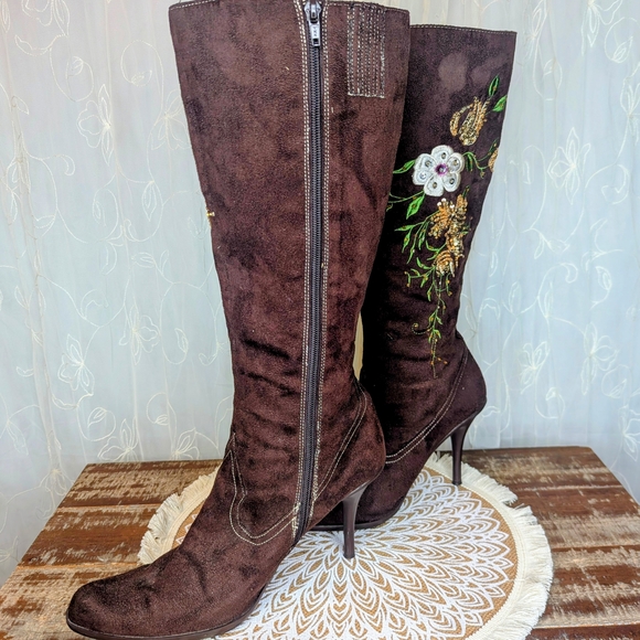 "Splash" Brown Embellished & Embroidered Floral Heeled Boots - Picture 6 of 12